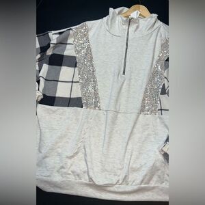 Bibi Grey Plaid Sleeve Sequins Detailed Zip up Sweatshirt Size L EUC